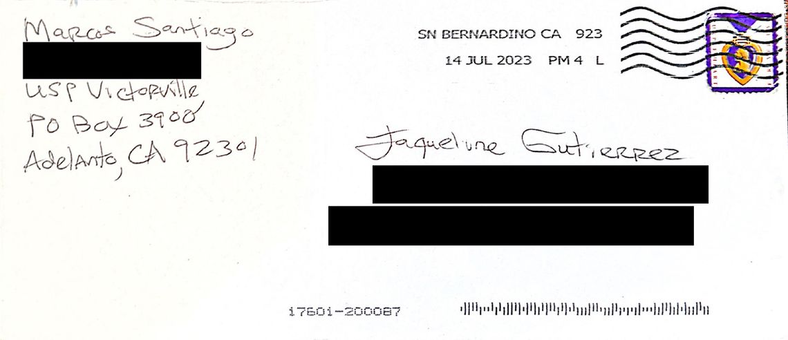 A white envelope from Marcos Santiago addressed to his sister, Jacqueline Gutierrez.