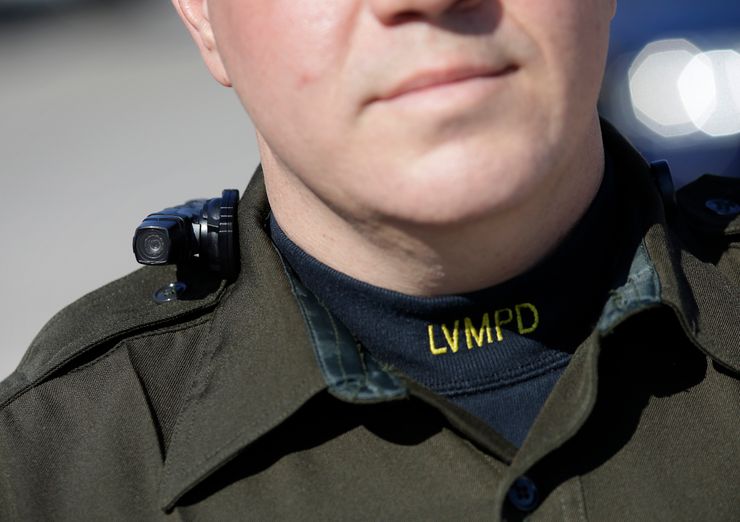 A Las Vegas police officer modeling a body camera. The camera is being used by about 200 street officers in the city. 