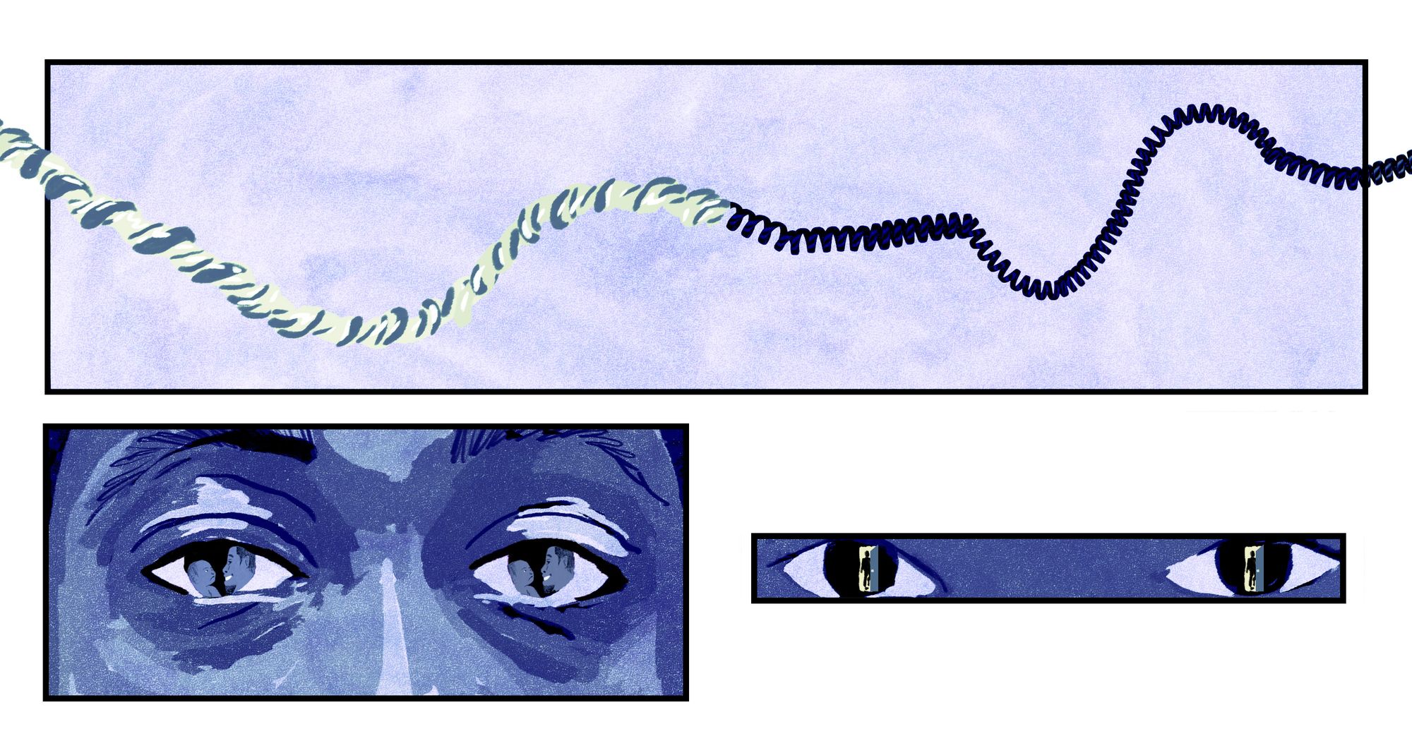 A blue-toned illustration shows an umbilical cord turning into a telephone cord, the eyes of a middle-aged man and the eyes of a young woman. Inside the man’s pupils is a Black man smiling at a baby. Inside the young woman’s pupils is the figure of a man leaving through a doorway. 