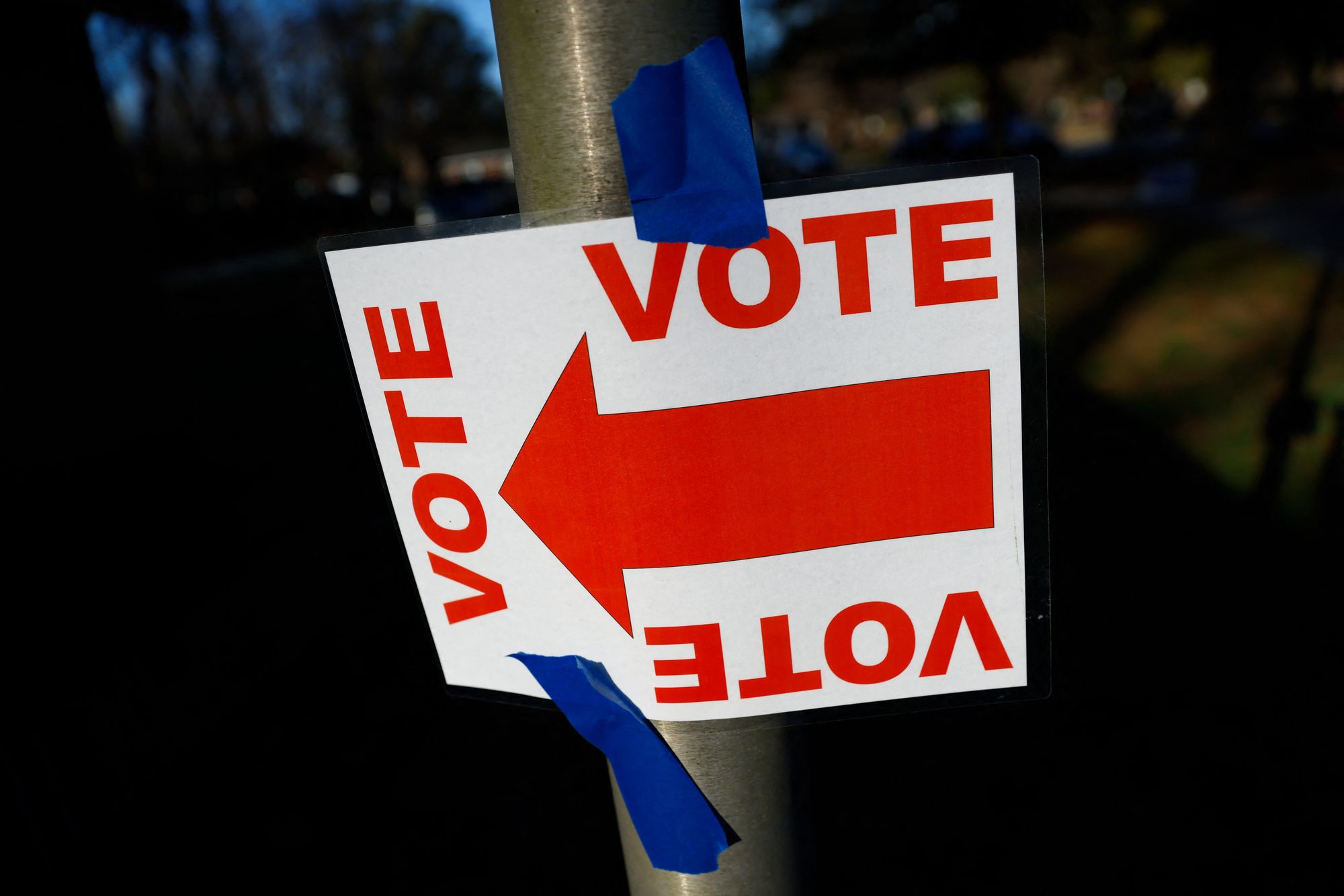 A sign points voters to the W L Stephens Aquatic Center in Charleston, South Carolina, on February 24, 2024 during the South Carolina Republican primary. (Photo by Julia Nikhinson / AFP) (Photo by JULIA NIKHINSON/AFP via Getty Images)