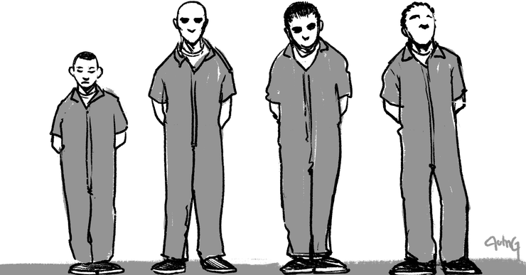 A grayscale illustration shows four male-presenting youth in prison uniforms standing in a row.   