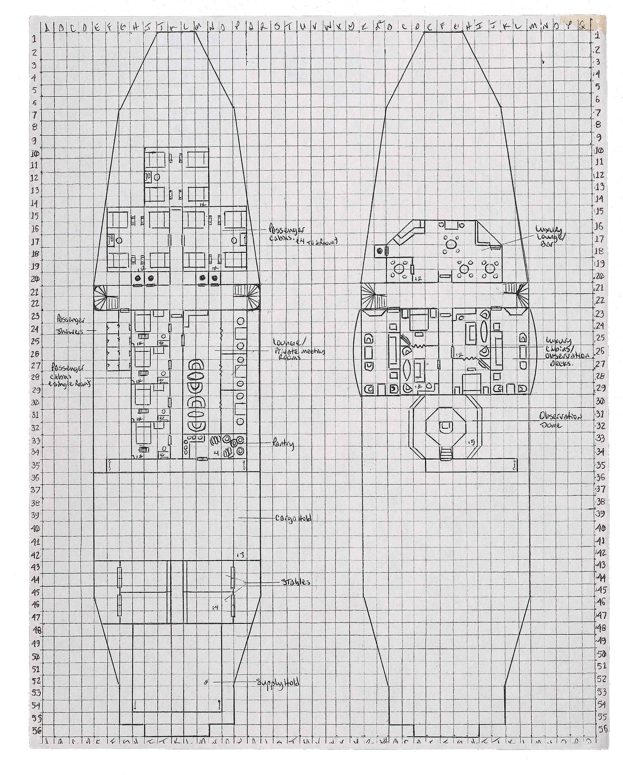 Two outlines of a passenger vessel drawing contain more detailed outlines of rooms that are labeled “Passenger Cabins,” “Cargo Hold,” and “Observation Decks.” 