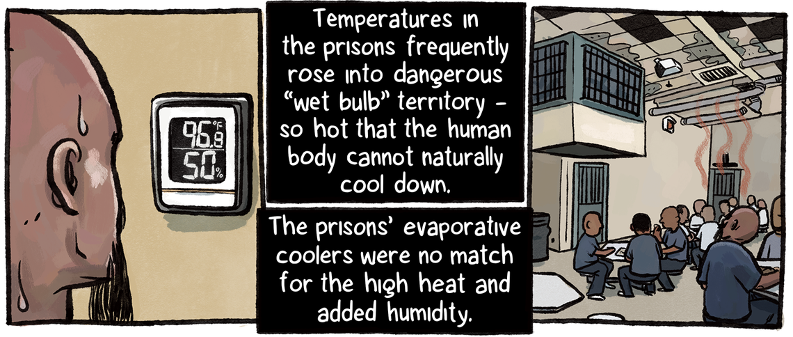 The prisons’ evaporative coolers were no match for the high heat and humidity. A man of medium to dark skin tone looks at a wall thermostat as a bead of sweat rolls down his bald head. A cooler hangs above a room filled with people in prison uniforms sitting at tables.