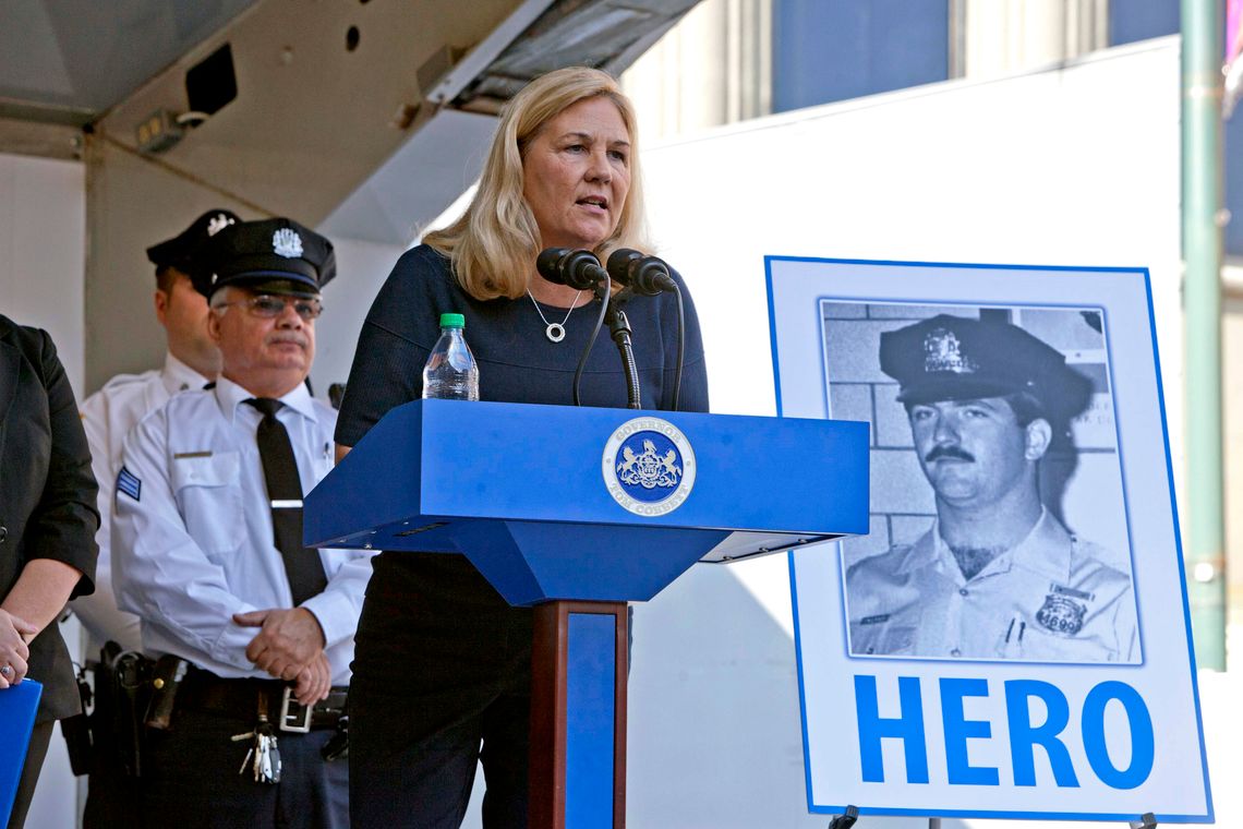 Maureen Faulkner, widow of police officer Daniel Faulkner, speaking at a ceremony where Pennsylvania Gov. Tom Corbett signed the Revictimization Relief Act on Oct. 21, 2014 in Philadelphia. 
