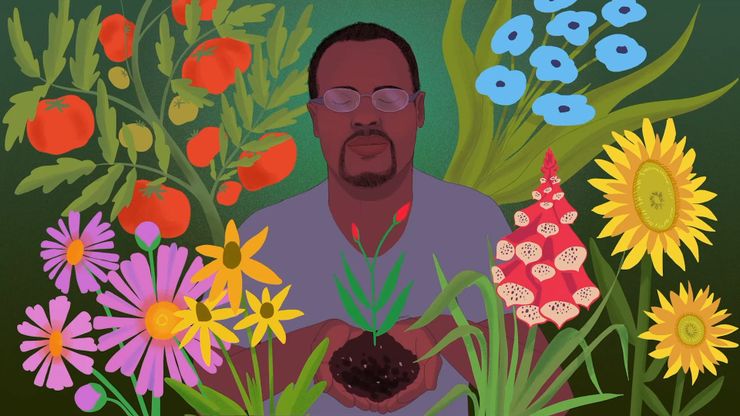 An illustration of a Black man with a goatee and glasses seen from the waist up holding a pile of dirt in his hands from which a plant rises. He is surrounded by flowers and other plants.