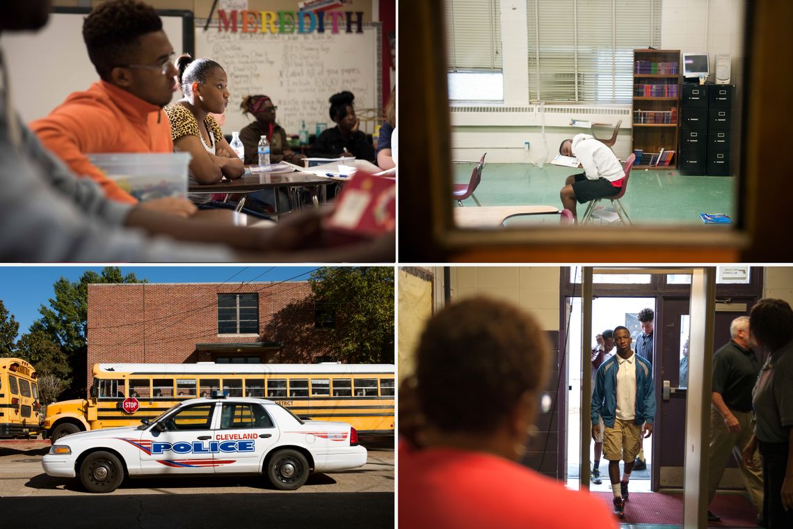 Clockwise from top left: Students learn about tolerance at Cleveland High School in the Mississippi Delta; a student asleep in class at the Yazoo City Alternative Learning Center; students walk through a metal detector at the Alternative Learning Center; police park outside Cleveland High School after school.