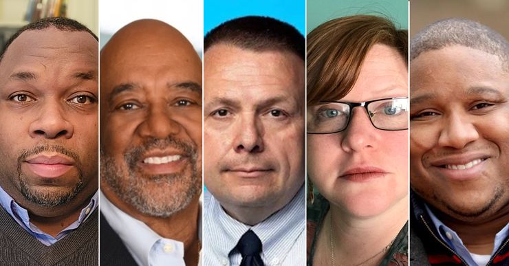 Five headshots of the people who make up The Marshall Project Cleveland Bureau. 