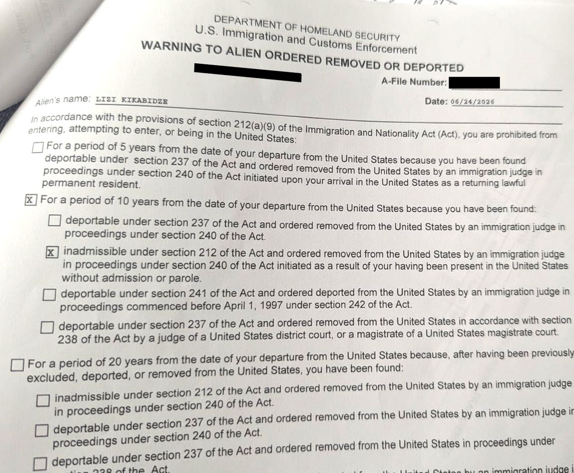 A photo shows a document from DHS and ICE titled “Warning to Alien Ordered Removed or Deported.”