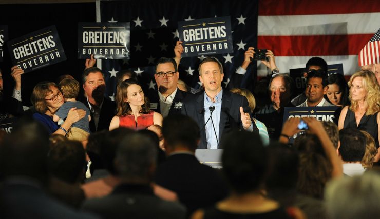 Missouri Republican gubernatorial candidate Eric Greitens speaks to a crowd of supporters in Chesterfield, Mo.