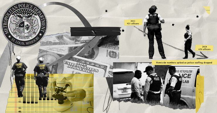 In a photo collage in tones of yellow and black and white, from left, The St. Louis Metropolitan Police Department (SLMPD) seal; two members of the St. Louis Police Department Crime Lab walking with their backs to the camera; DNA testing strips and a person using a microscope; dollar bills being cut with scissors; two members of the SLMPD overlaid on a chart that shows that in 2011, there were 921 officers and in 2024, there were 650 officers; Additional text says “Homicide numbers spiked as police staffing dropped.”