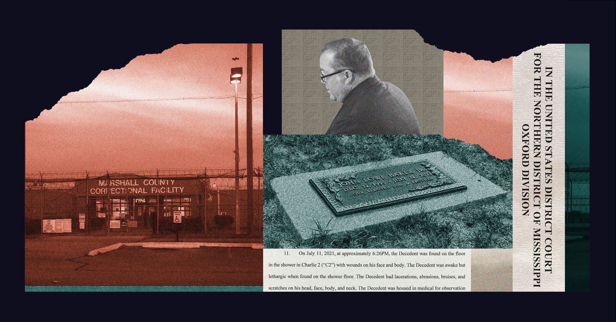 A collage shows images of clippings of a court case, a cutout of a male attorney, a gravestone of John Lowe Baker, Jr. and a building with a title that reads “Marshall County Correctional Facility.”


