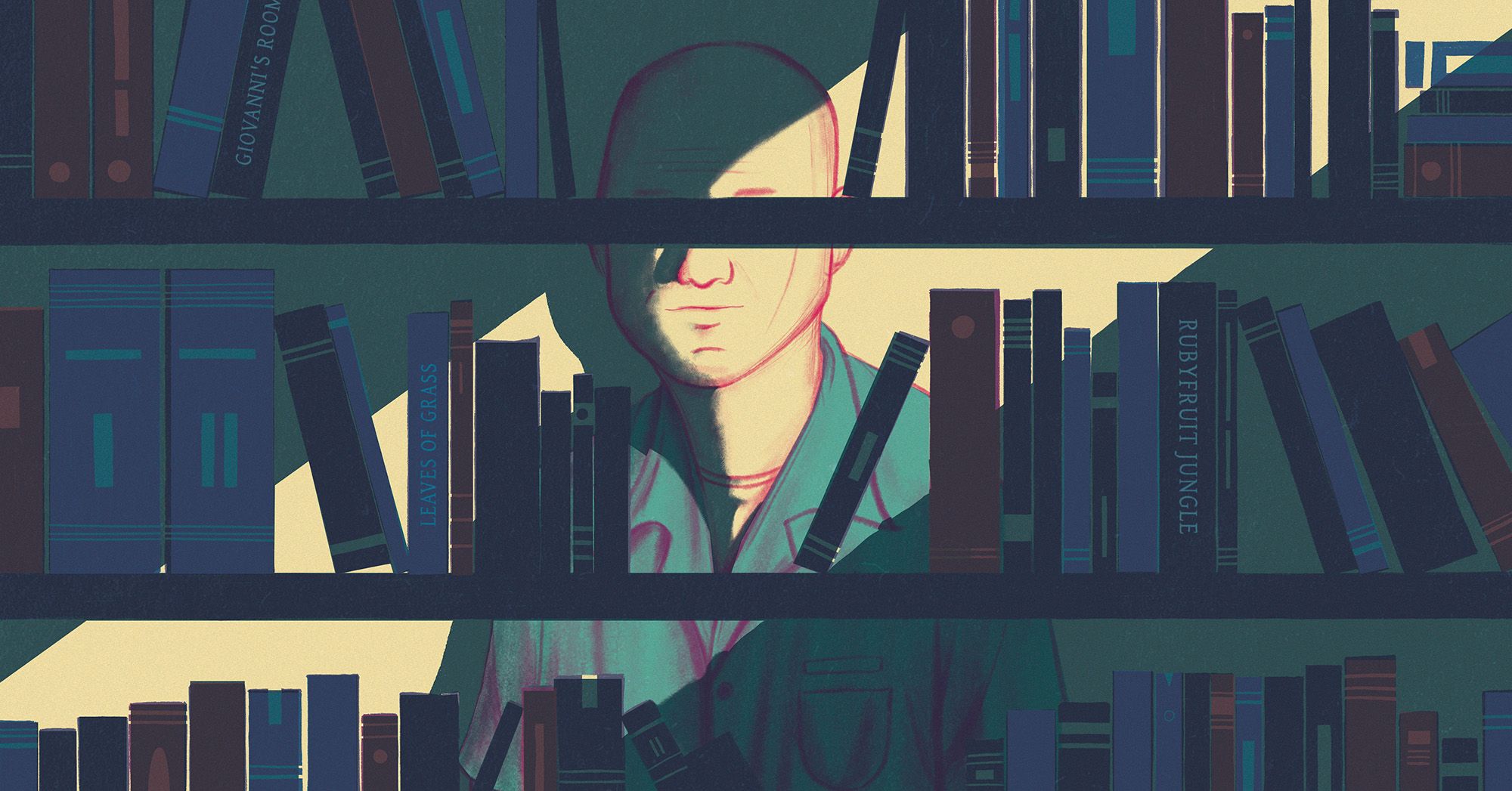 An illustration shows a yellow spotlight on a man in a green prison suit, standing in front of a book case. 