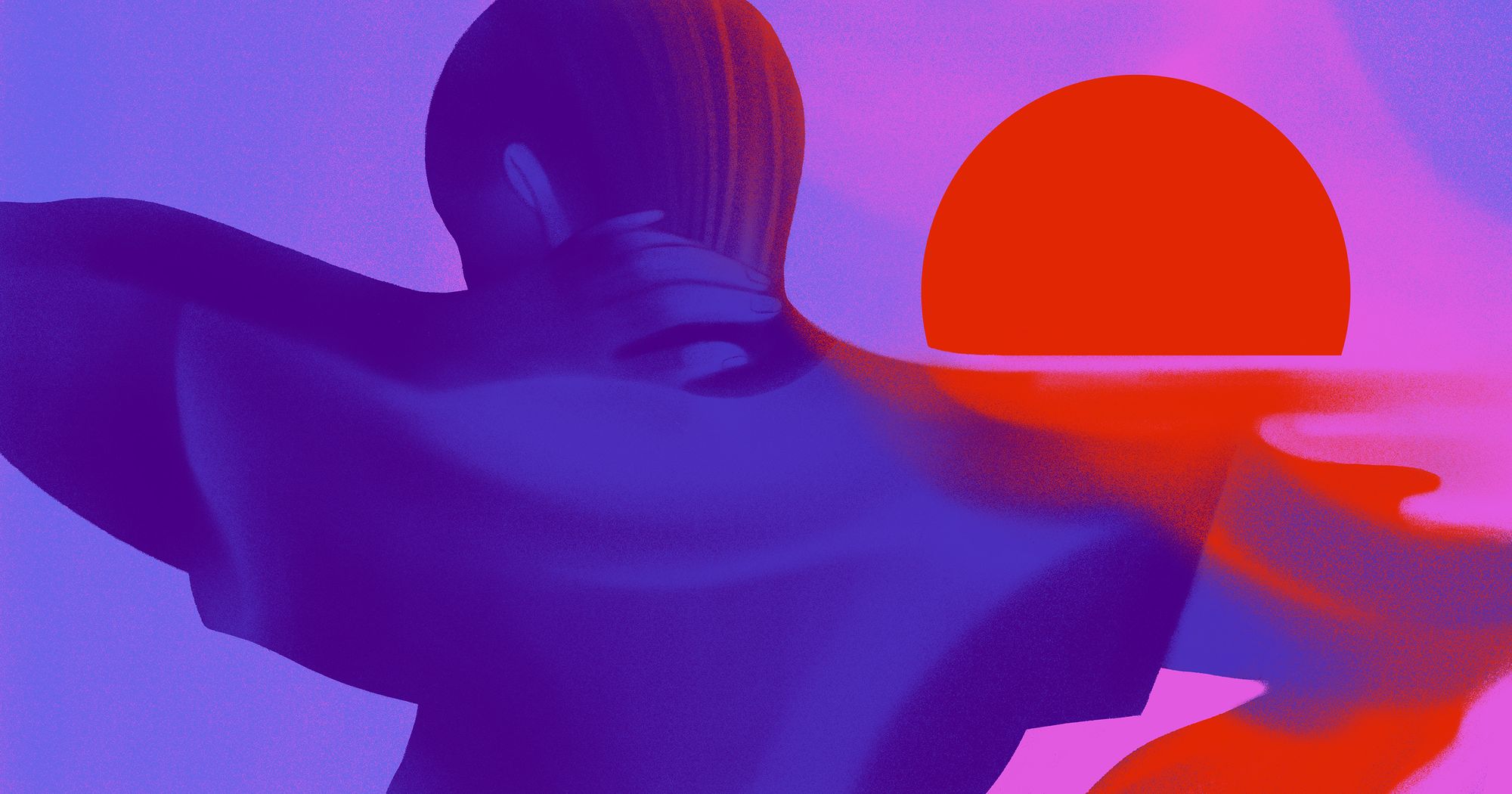 An illustration with a purple background shows a woman rubbing her neck because of aches and pains. To her right is a setting sun in orange that blends into her right arm.  