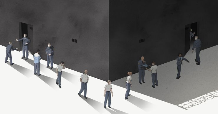 Correctional officers are being blocked from a door of a prison on the left side of an illustration. They walk around the corner, removing their uniforms, only to be welcomed back to a door on the right side of the prison.  Their uniforms are returned to them in the process.  