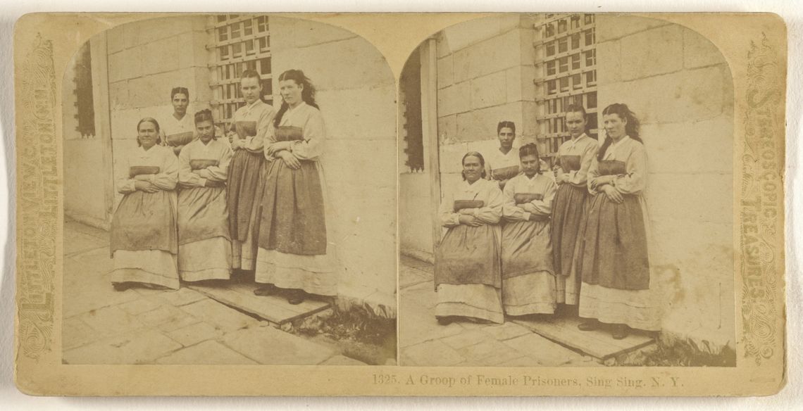 A sepia-toned diptych photo shows a group of women standing in front of a window with bars. They are all wearing dresses. 
