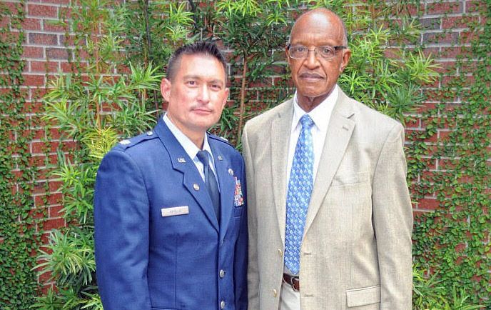 Chaplain Ronald Apollo, left, standing next to his mentor, Dr. Bishop M. Bullock, during his August 2017 retirement ceremony. Apollo served in the military for over 27 years. 