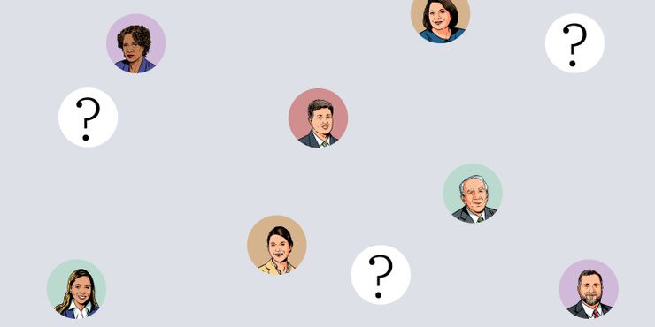 An illustration shows circles with portraits of seven judges and three question marks. 