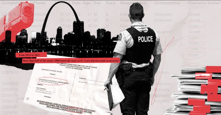 A collage shows, from left, a gun in red tones; the St. Louis skyline in black tones; a lawsuit document showing the Metropolitan Police Department of the City of St. Louis as the plaintiff and the words “sunshine law” circled in red; the back of a St. Louis police officer in uniform; a stack of clipped bundles of papers; and in the background, a list of homicide incidents and whether the case was closed or open, with “open” circled in red.   
