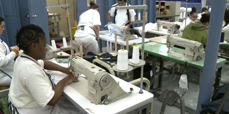 Women at the Hilltop Unit in Gatesville, Texas, sewed face masks in a video produced by the Texas Department of Criminal Justice.  