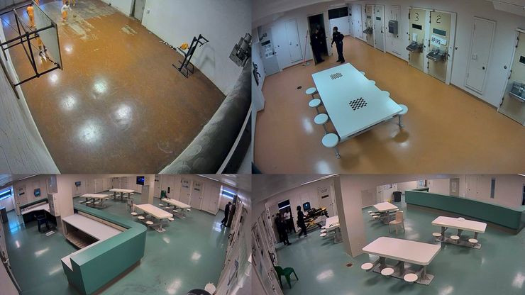 A grid of surveillance footage images from the Cuyahoga County jail.
