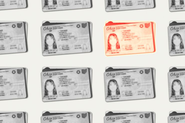 A photo illustration shows a grid of black-and-white Ohio driver’s licenses. One license is highlighted in red. 