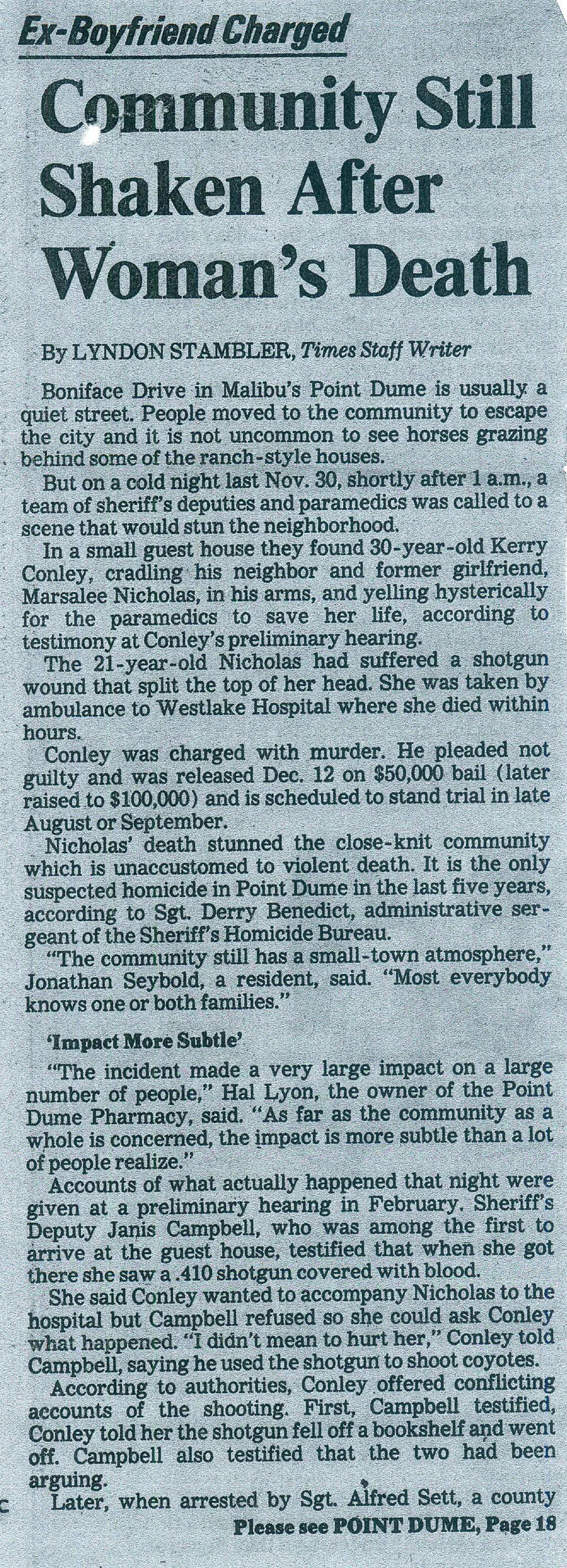 A clip from the Los Angeles Times about Marsalee Nicholas's death. 