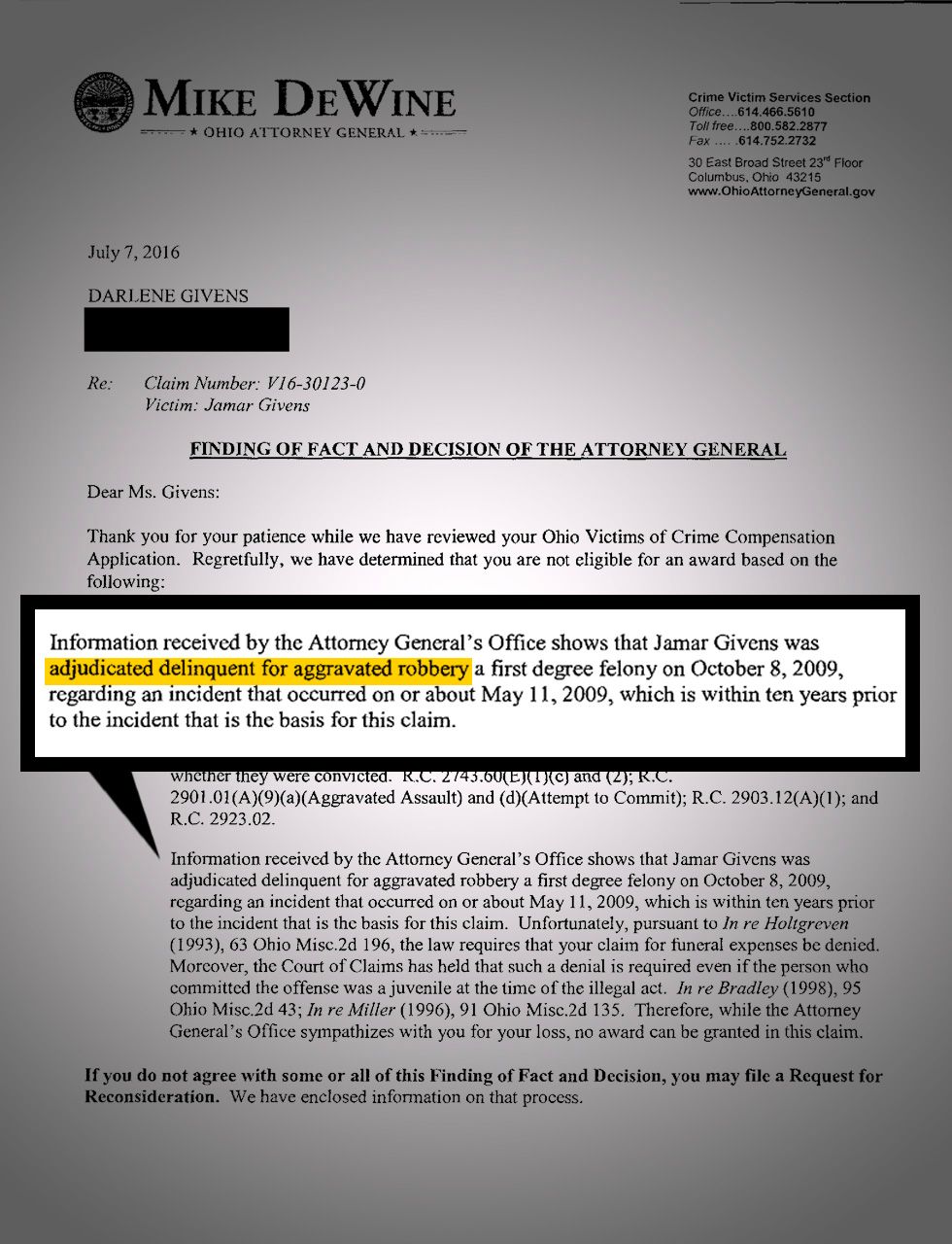 These specific records pertained to Jamar Givens, who was murdered at 23. His parents applied for victim compensation but were turned down because Jamar had gotten into trouble with the law as a juvenile. Their story underpinned the radio version of this investigation. 
