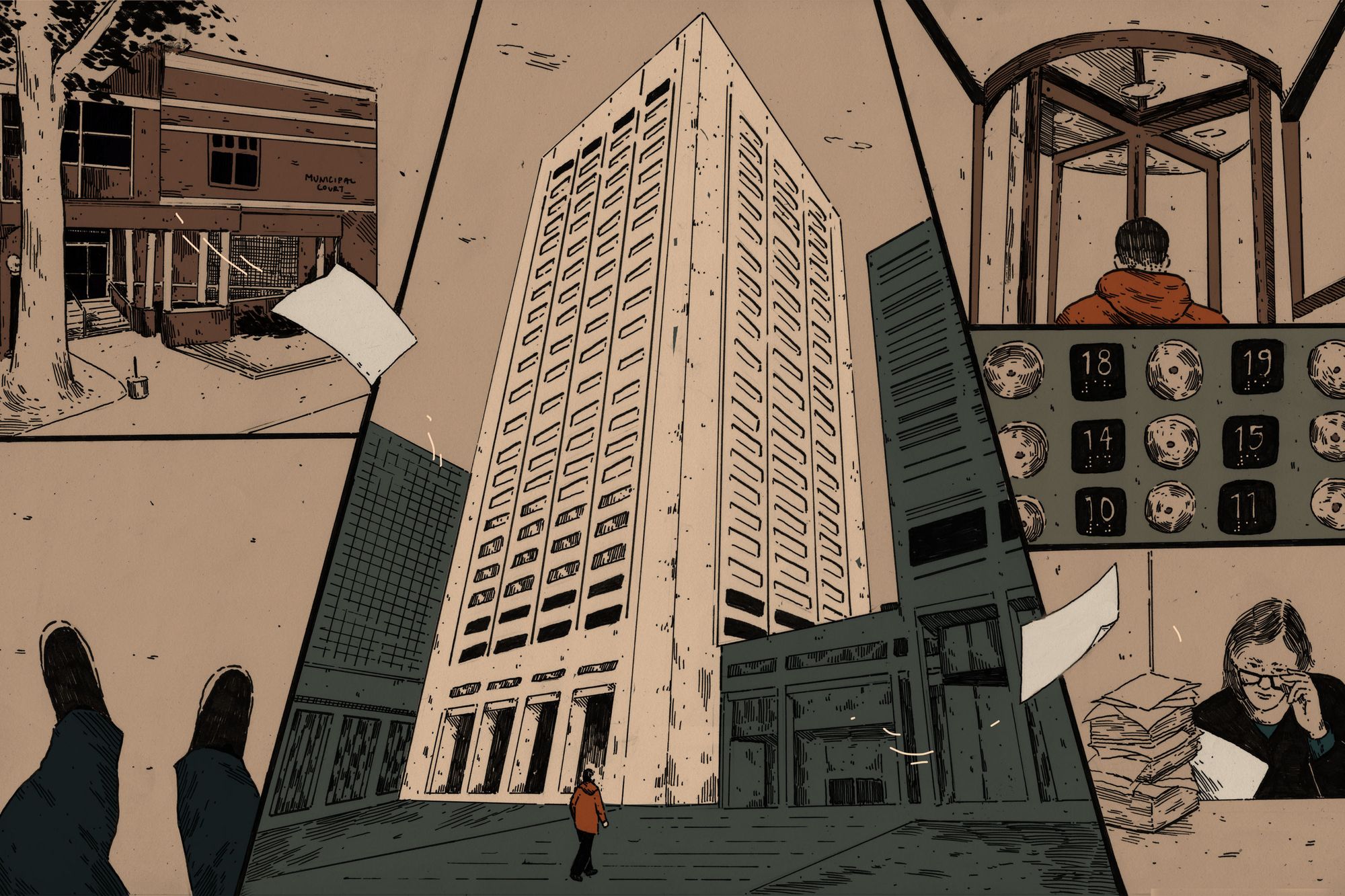 An illustration shows, clockwise from bottom left: a person's feet representing someone arriving to court; a view of the exterior of a municipal court; the Cuyahoga County Court; a person going through a revolving door; elevator buttons; and a judge looking at a stack of papers. Two pieces of paper float throughout the illustration.  