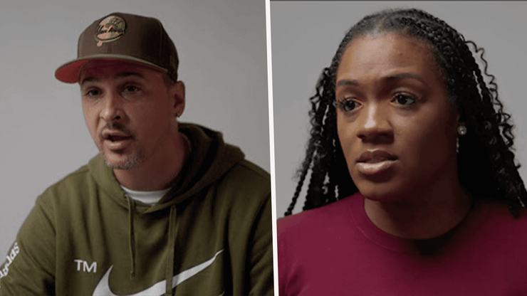 Left, a man wearing an olive green Nike-branded hooded sweatshirt and an olive green Yankees hat; right, a Black woman with braided hair is wearing earrings and a plum-colored shirt.