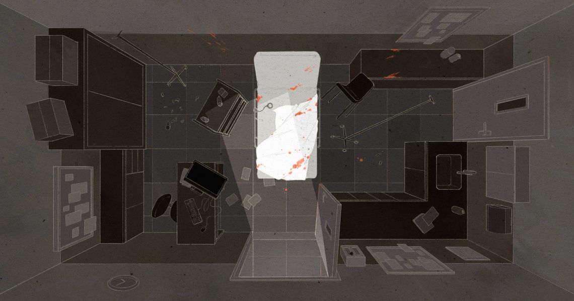An illustration shows an infirmary room with a hospital bed with orange blood splattered on it; a chair, a desk with a computer on it; a sink and a countertop; and broken glass on the floor. 