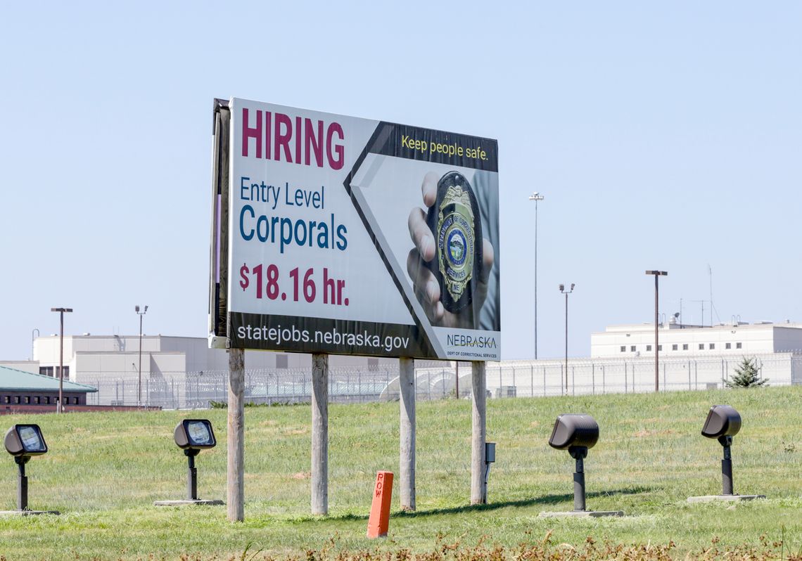 A billboard outside Nebraska's Tecumseh State Correctional Institution in 2018 advertised entry-level prison jobs.