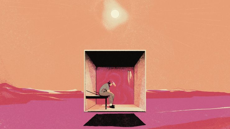 An illustration shows a floating prison cell in the middle of a red barren landscape. A person in a gray uniform sits on a bed and leans on a wall inside the cell. 