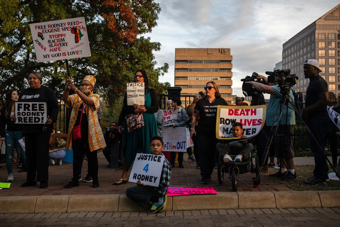 Demonstrators at a rally in support of Rodney Reed, whose execution was called off in November 2019, outside of the governor's mansion in Austin, Texas. 