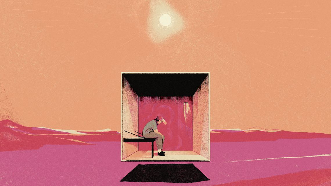 An illustration shows a floating prison cell in the middle of a red barren landscape. A person in a gray uniform sits on a bed and leans on a wall inside the cell. 