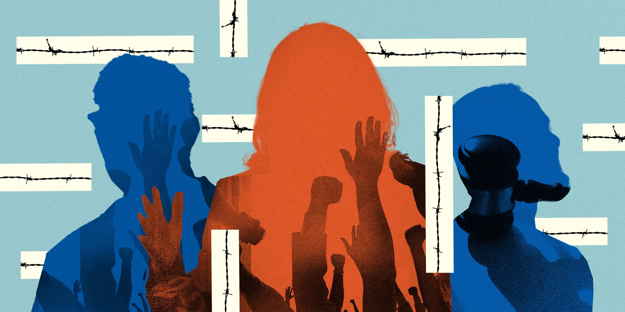 An illustration shows segments of barbed wire overlapping the silhouettes of three people in blue and orange.  Overlaying the silhouettes are hands and fists held up in the air.  