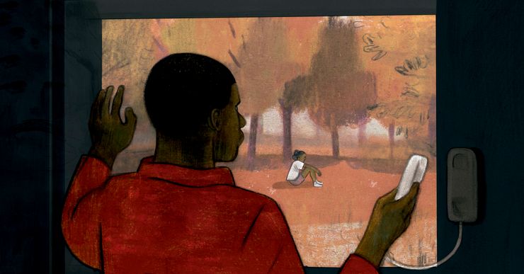 An illustration showcases Demetrius Buckley, who is currently incarcerated, in an orange prison suit and holding onto a phone. He looks through a window at his daughter, who is sitting alone in a park. 