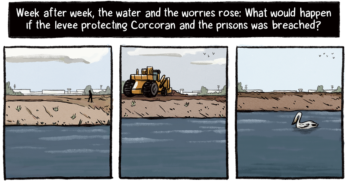 A front-end loader sits on a levee that protects the prisons and the city of Corcoran, and residents and officials worried about what would happen if it was breached.