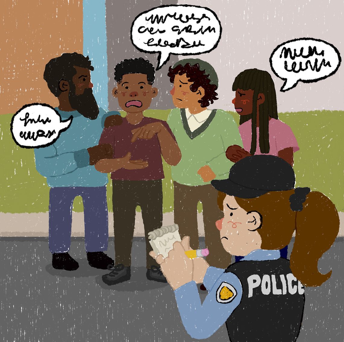 An illustration shows a group of four people standing in front of a police officer taking notes. Three speech bubbles surround the group. 