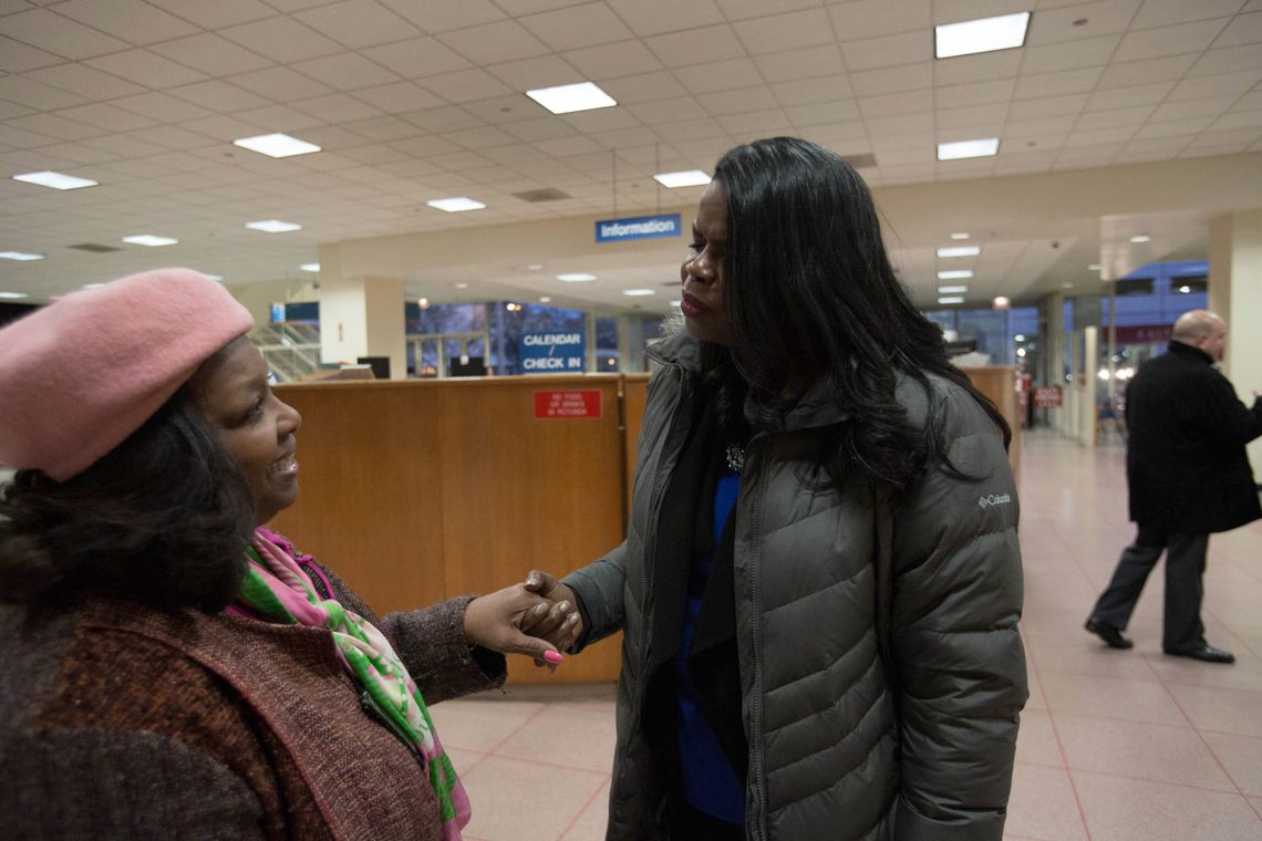 Foxx greets a friend at the Juvenile Justice Division in Cook County, where she worked early in her career. 