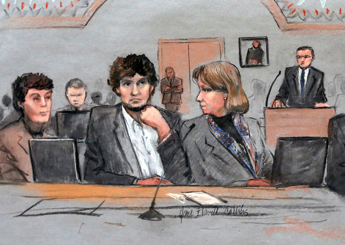 Dzhokhar Tsarnaev, center, in a courtroom sketch with his lawyers Judy Clarke, right, and Miriam Conrad last month. 