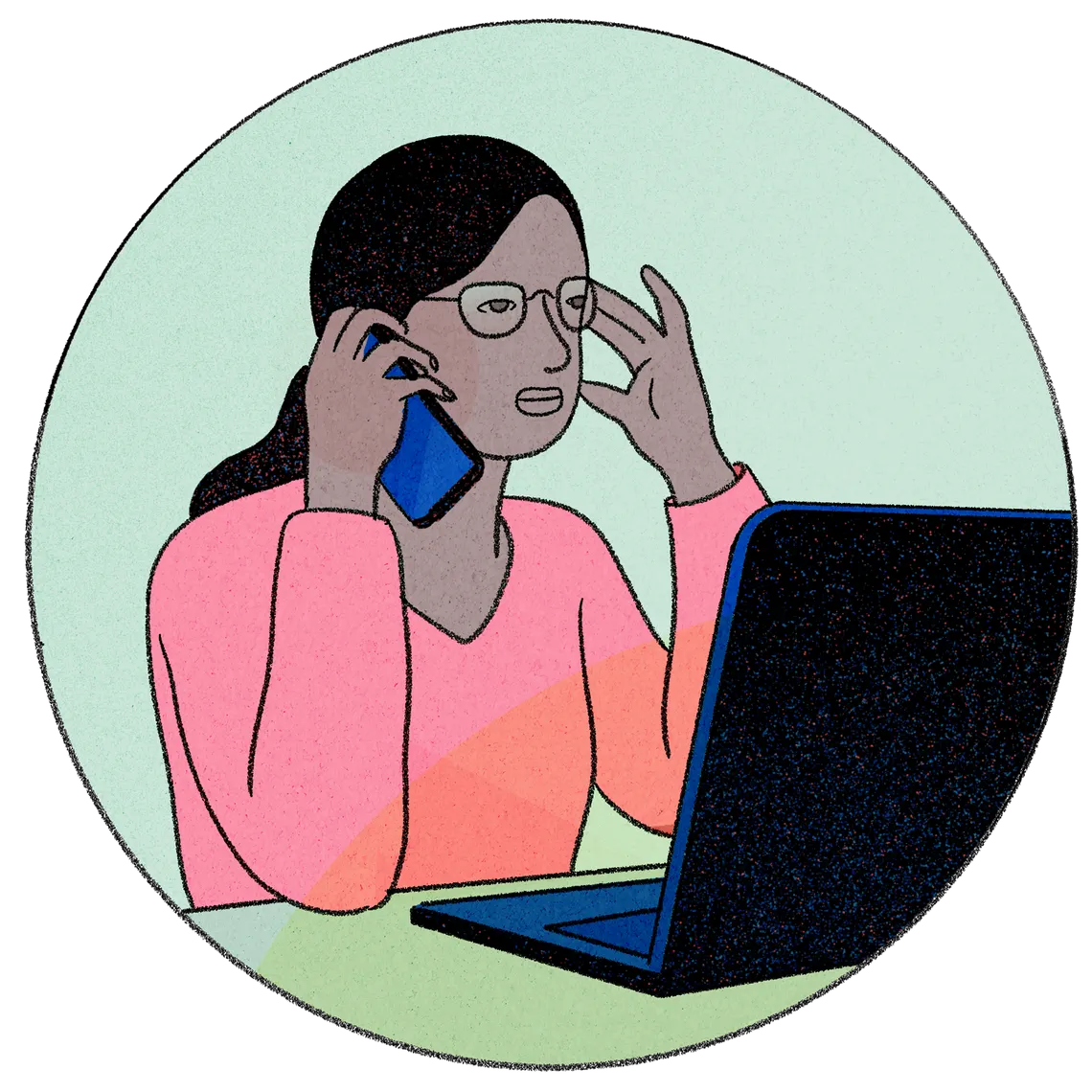 An illustration shows a circle around a scene of a woman with medium-toned skin talking on a cellphone while sitting in front of a laptop.