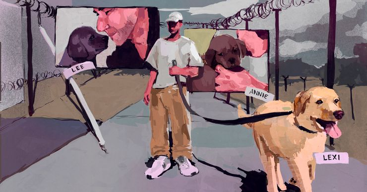 An illustration shows a man, wearing a cap and a tan prison uniform, holding onto a leash as he walks his yellow Labrador retriever. A label is near the dog that reads "Lexi." In the background, one panel shows an image of a person smiling as they face a black puppy with the label that reads "Lee." Another panel shows a close-up image of a black puppy with the label "Annie." 