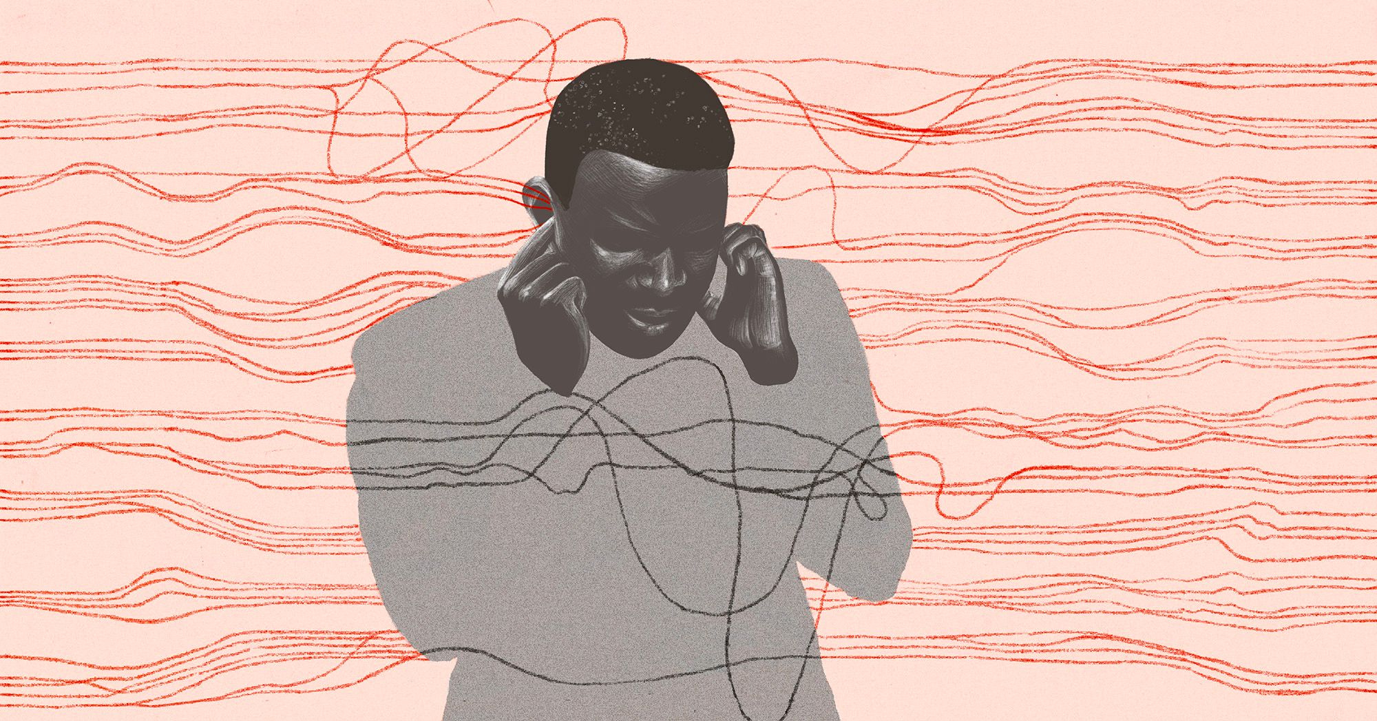 An illustration shows a Black man with his eyes closed and his fingers over his ears to block out noise. Various uneven red lines are in the background.