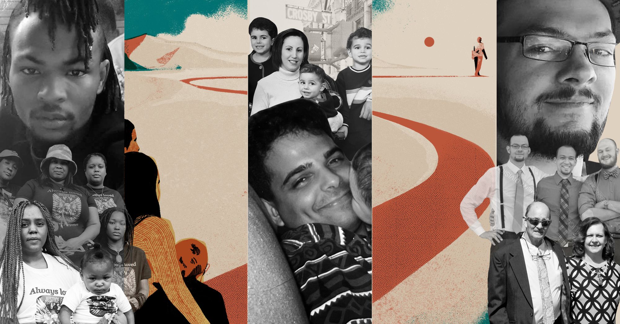 An illustration of a family at the start of a path looking toward their relative in the distance, at the end of the path. Panels of black-and-white photo collages, including family photos, surround the illustration. 