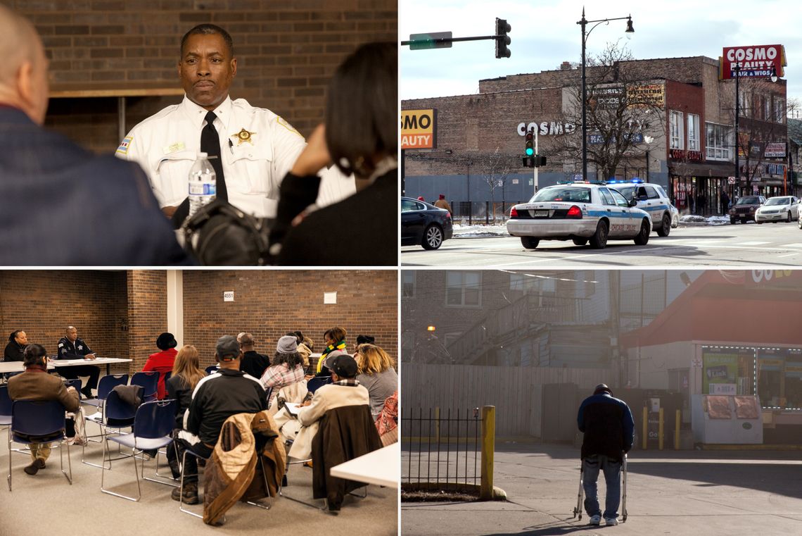 <B>SCENES FROM THE 11th DISTRICT</B> Clockwise from top left: Deputy Chief James Jones listens to residents at a community meeting; police vehicles at the intersection of Madison Street and Karlov Avenue in the West Garfield Park neighborhood; a gas station in the Lawndale neighborhood; Sgt. Daniel Allen leads a police meeting at the 11th District stationhouse.