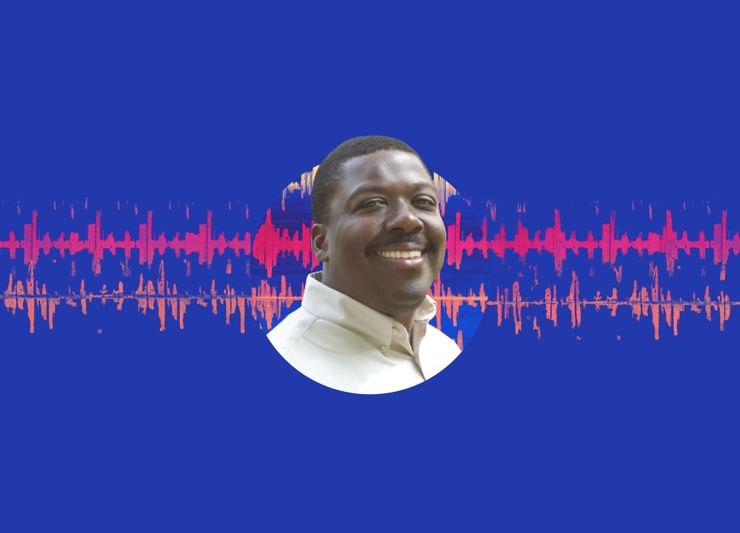 A Black man smiles at the camera on a circular blue background. Orange and pink sound waves are behind him.