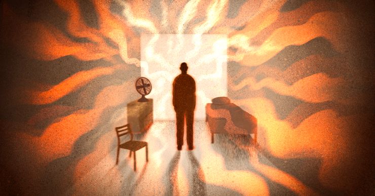 An illustration shows a silhouette of an individual standing in the middle of their prison cell, with a fan, a cabinet and a chair on the left side and a bed on the right side. Orange waves permeate through the room to indicate heat. 