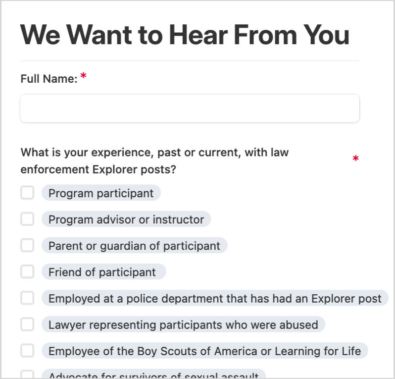 The Marshall Project is investigating abuse in police Explorer programs. Fill out [this form](https://www.themarshallproject.org/2024/05/01/police-explorer-programs-survey-abuse) to help us.
