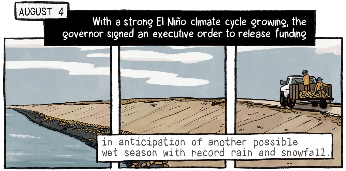 On August 4, the governor signed an executive order to release funding, in anticipation of another possible wet season due to the incoming El Niño climate cycle. Along the shoreline outside the Corcoran prison complex, a truck drives by with two people in the truck bed.
