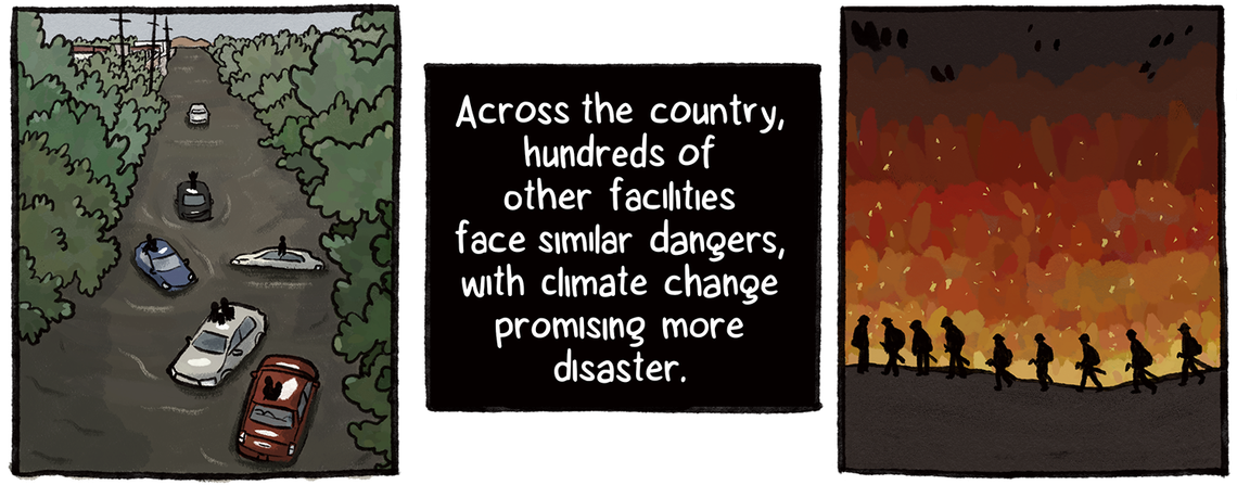 Scenes of cars in flooded roads and silhouettes of wildland firefighters against a backdrop ablaze, as hundreds of other facilities across the U.S. face similar risks, with climate change promising more disaster.